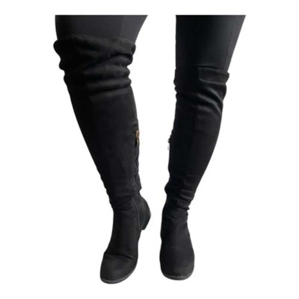 Women’s Black Over The Knee Boots Faux Suede Thigh High Low Heel Shoes Size 6